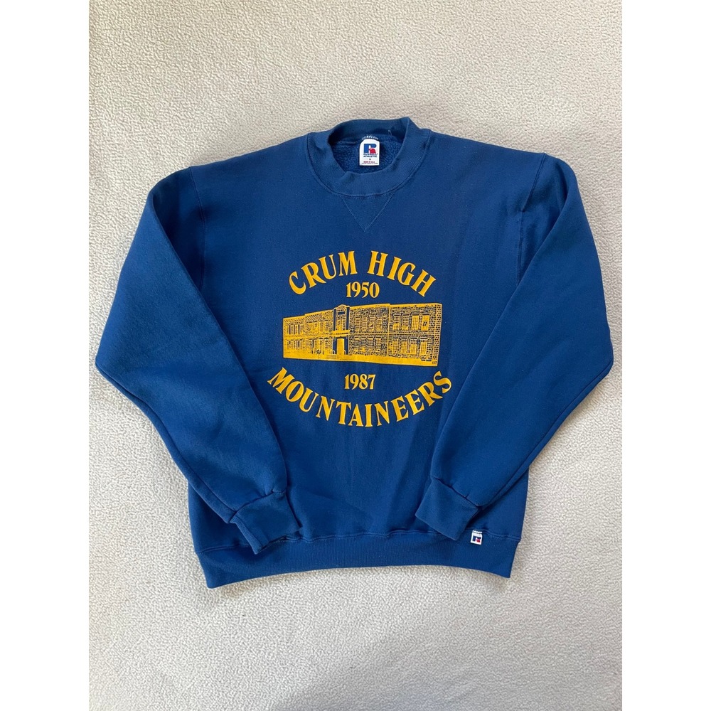 Vintage Class 1950 Crum High Mountaineers WV Russell Mens Medium Sweatshirt Blue
